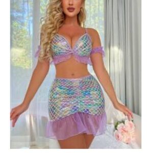 BRAND NEW Halloween Mermaid Mesh Fish Scale Print Ruffle Lingerie Set